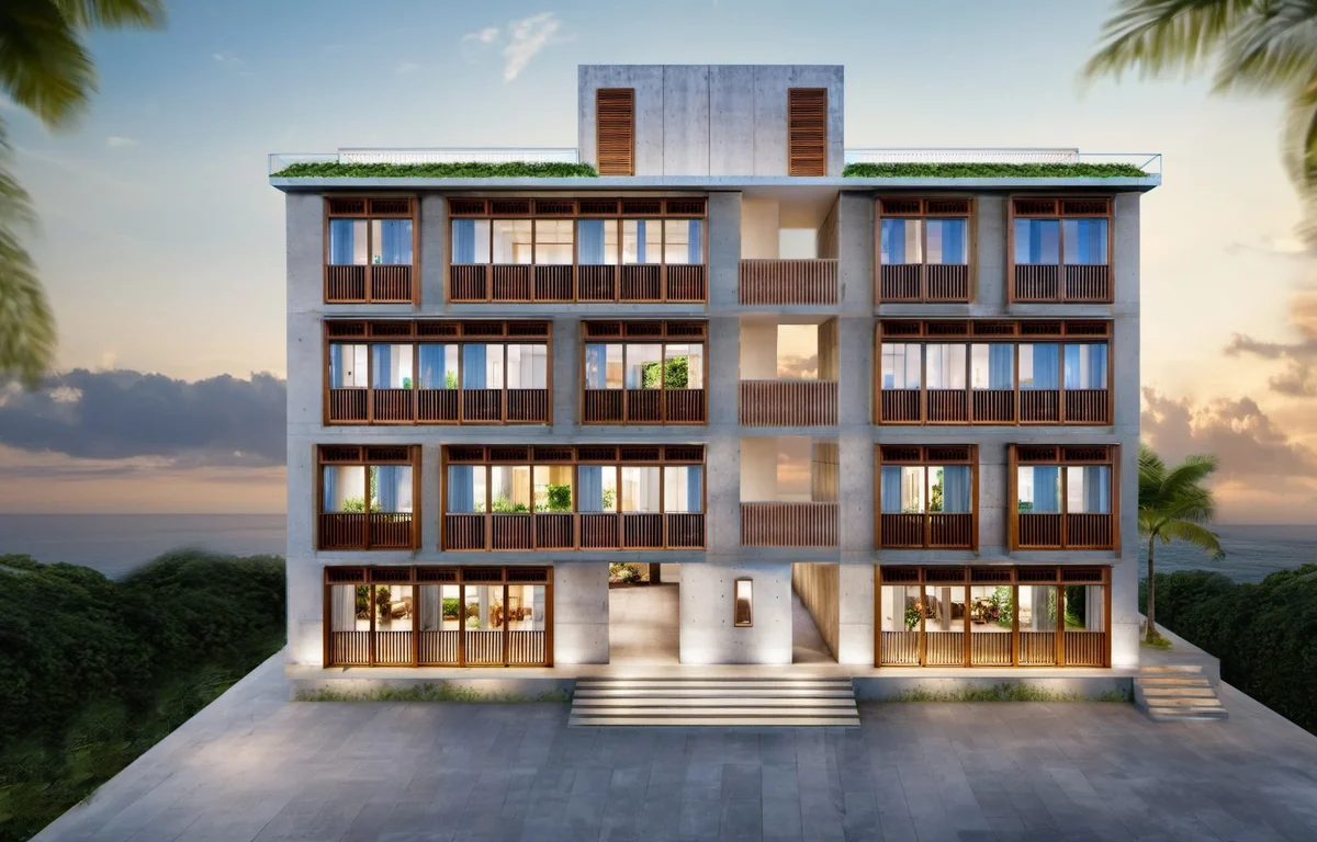 Image of a Modern Architecture, featuring Ocean View Balconies and Concrete Facade.