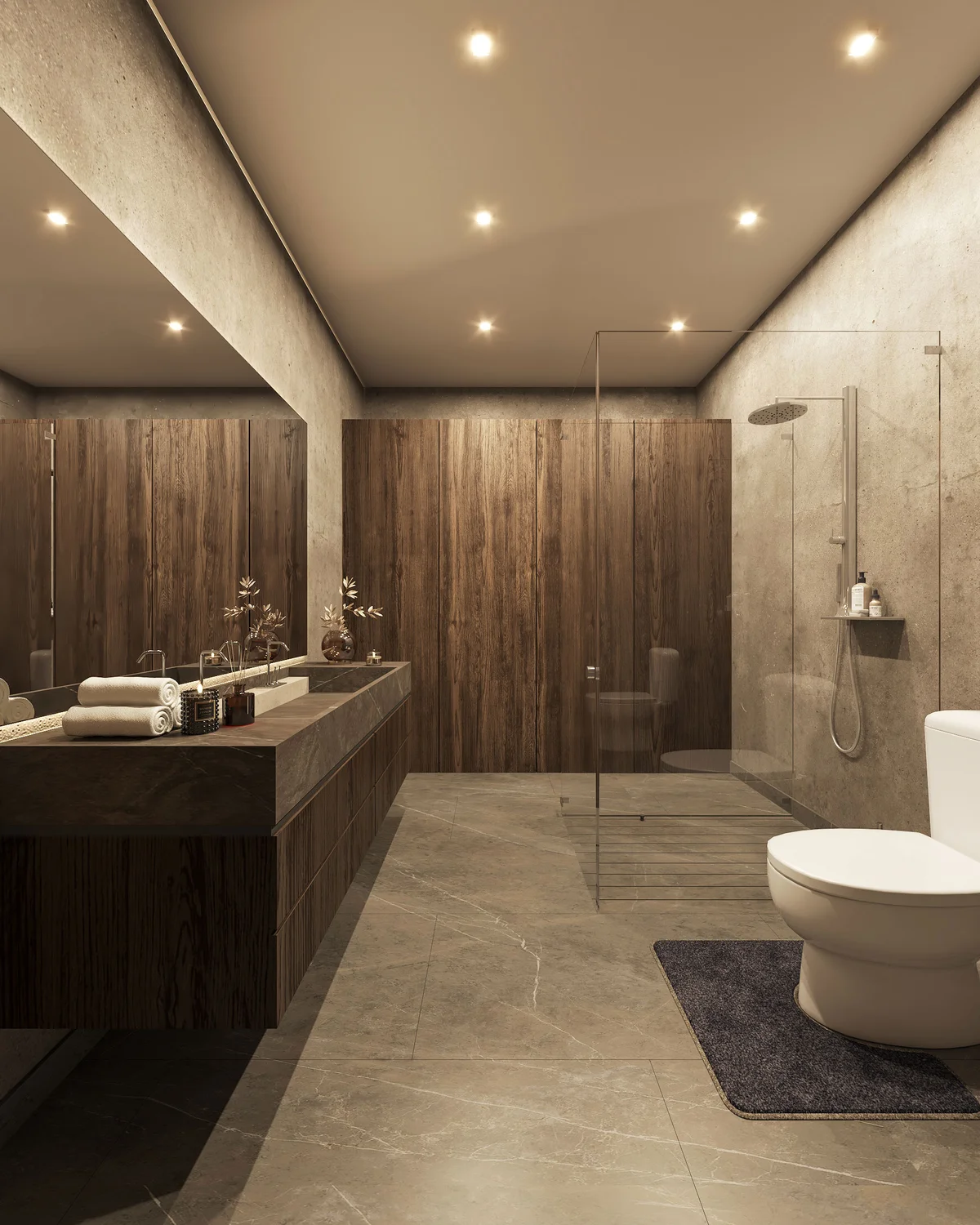 Image of a Modern Bathroom, featuring Walk-in Shower and Rainfall Shower Head.