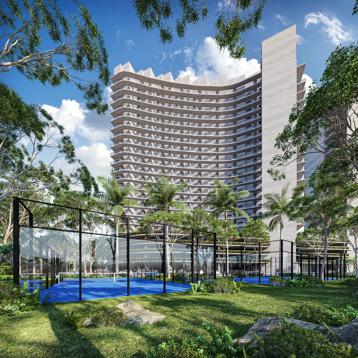 Image of a Padel Court, featuring Modern High-Rise and Lush Landscaping.