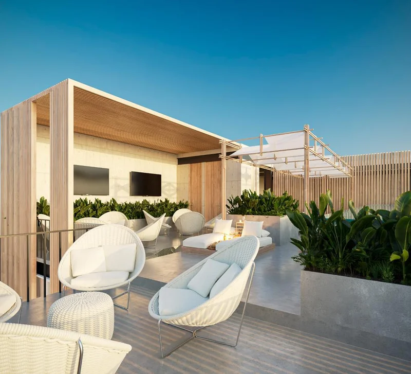 Image of a Rooftop Lounge, featuring Sun Deck and Modern Pergola.