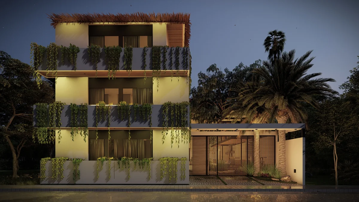 Image of a Modern Tropical Architecture, featuring Vertical Gardens and Private Balconies.