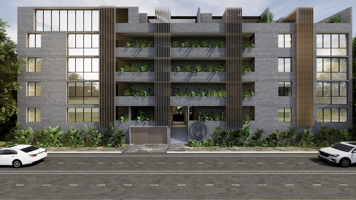 Image of a Modern Architecture, featuring Concrete Facade and Private Balconies.