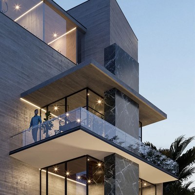 Image of a Modern Architecture, featuring Private Balcony and Black Marble Accents.
