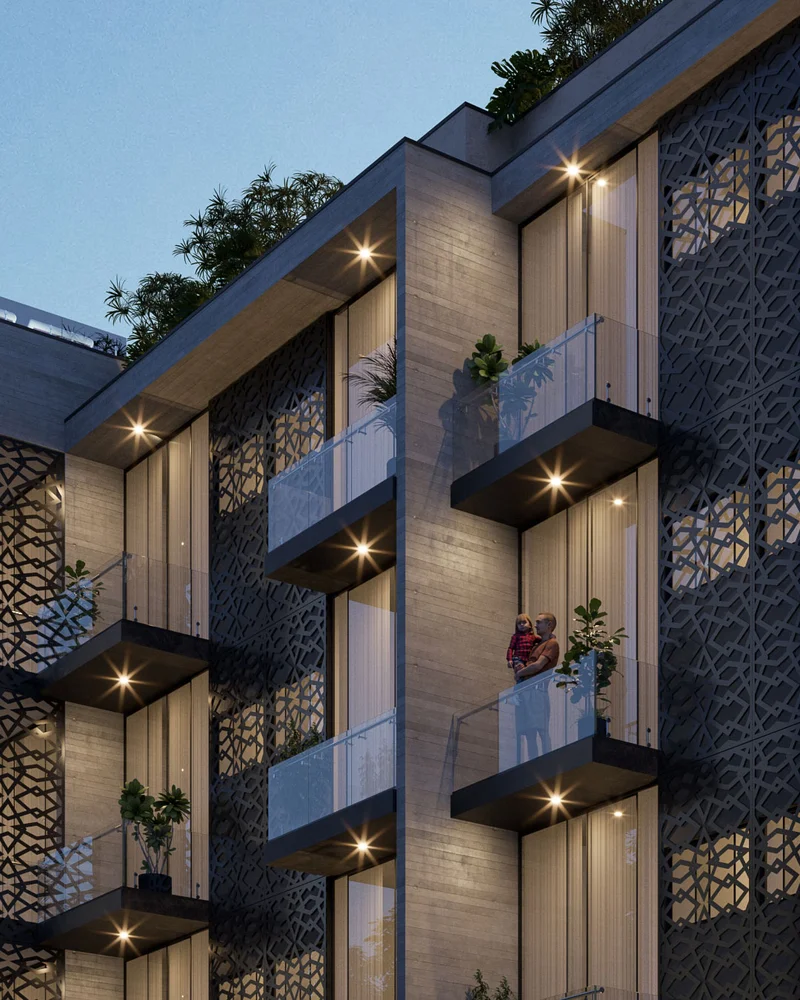 Image of a Modern Architecture, featuring Private Balconies and Decorative Metalwork Facade.