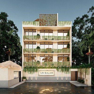Image of a Modern Apartment Building, featuring Private Balconies and Green Facade.
