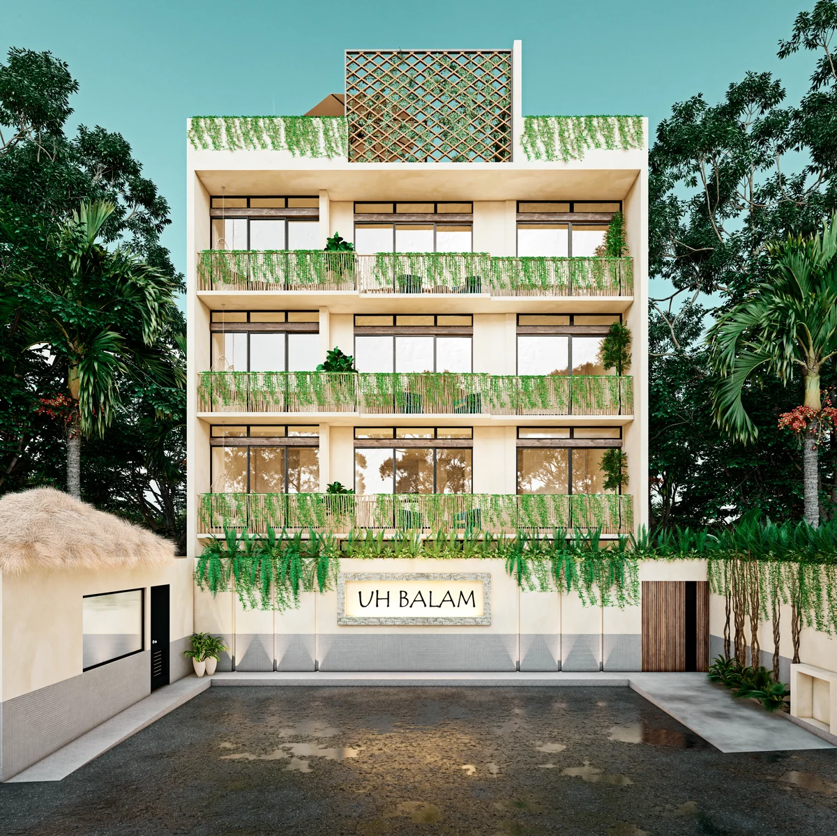 Image of a Modern Tropical Architecture, featuring Lush Greenery Facade and Private Balconies.