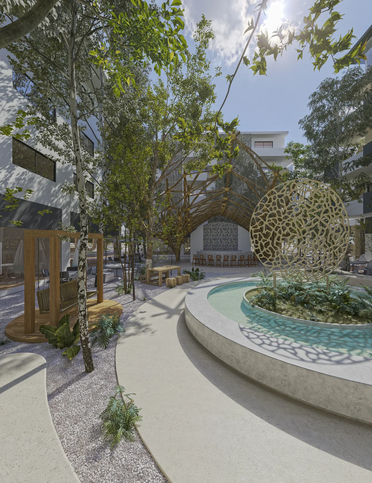 Image of a Landscaped Courtyard, featuring Lush Garden and Biophilic Design.