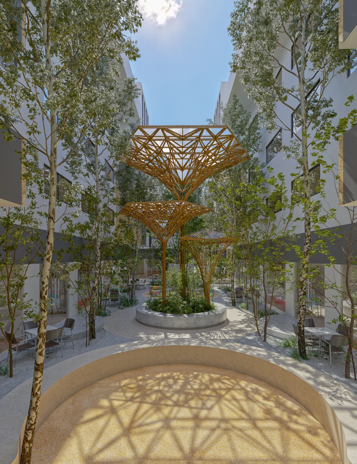 Image of a Landscaped Courtyard, featuring Modern Architecture and Architectural Canopy.