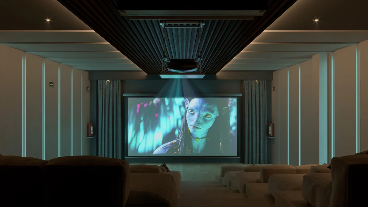 Image of a Private Cinema, featuring Home Theater and Tiered Theater Seating.