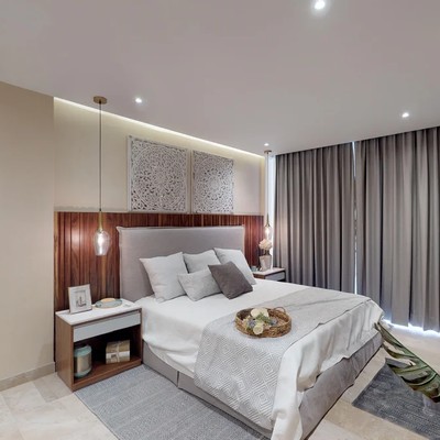 Image of a Modern Bedroom, featuring Wood Accent Wall and Pendant Lighting.