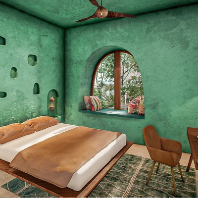 Image of a Bohemian Style Bedroom, featuring Textured Plaster Walls and Arched Window.