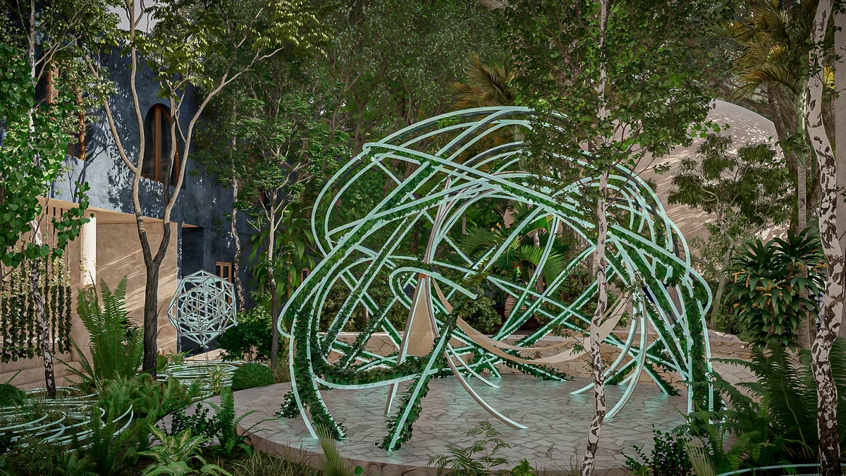 Image of a Lush Garden, featuring Outdoor Lounge and Sculptural Art Installation.