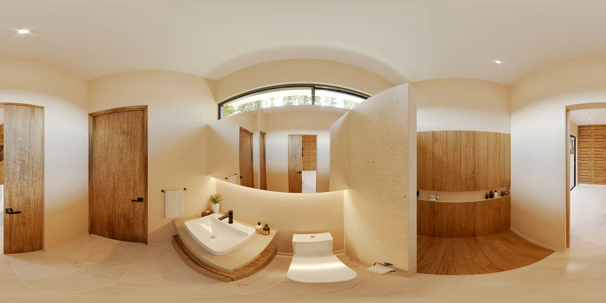 View of Modern Bathroom at Lik Organic, showcasing Sleek Design, Wood Accents.