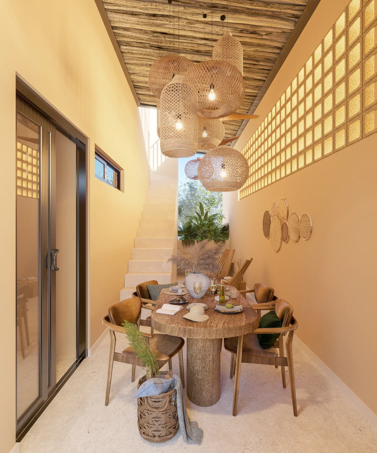 Image of a Al Fresco Dining, featuring Bohemian-Chic Decor and Woven Pendant Lights.