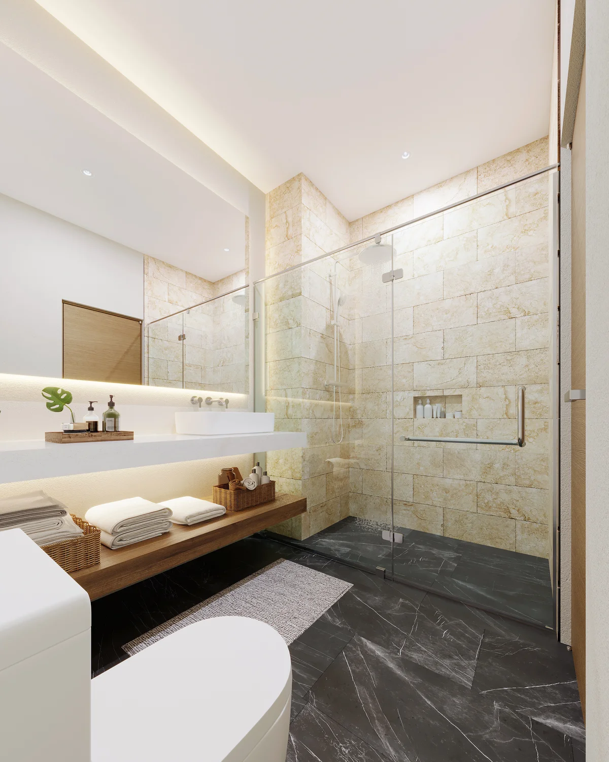 Image of a Modern Bathroom, featuring Walk-in Shower and Rainfall Shower Head.