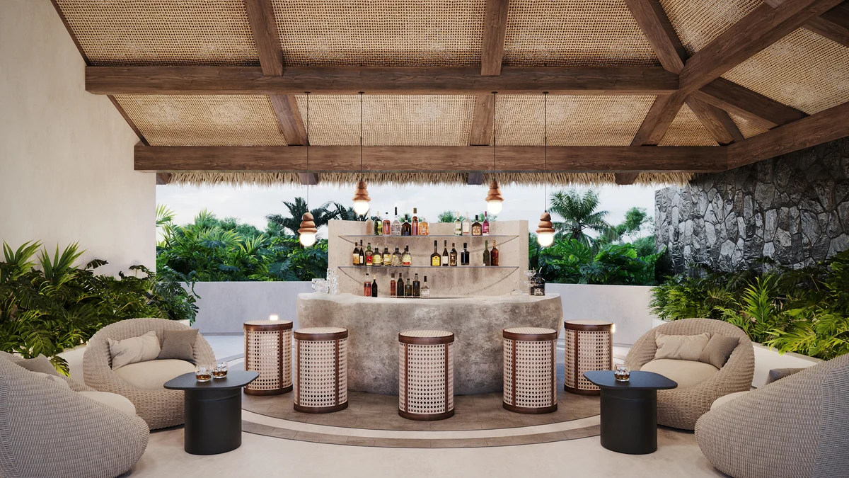 Image of a Outdoor Bar & Lounge, featuring Tropical Resort Style and Exposed Wood Beams.