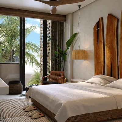 Image of a Tropical Bedroom, featuring Live-Edge Wood Headboard and Private Balcony.