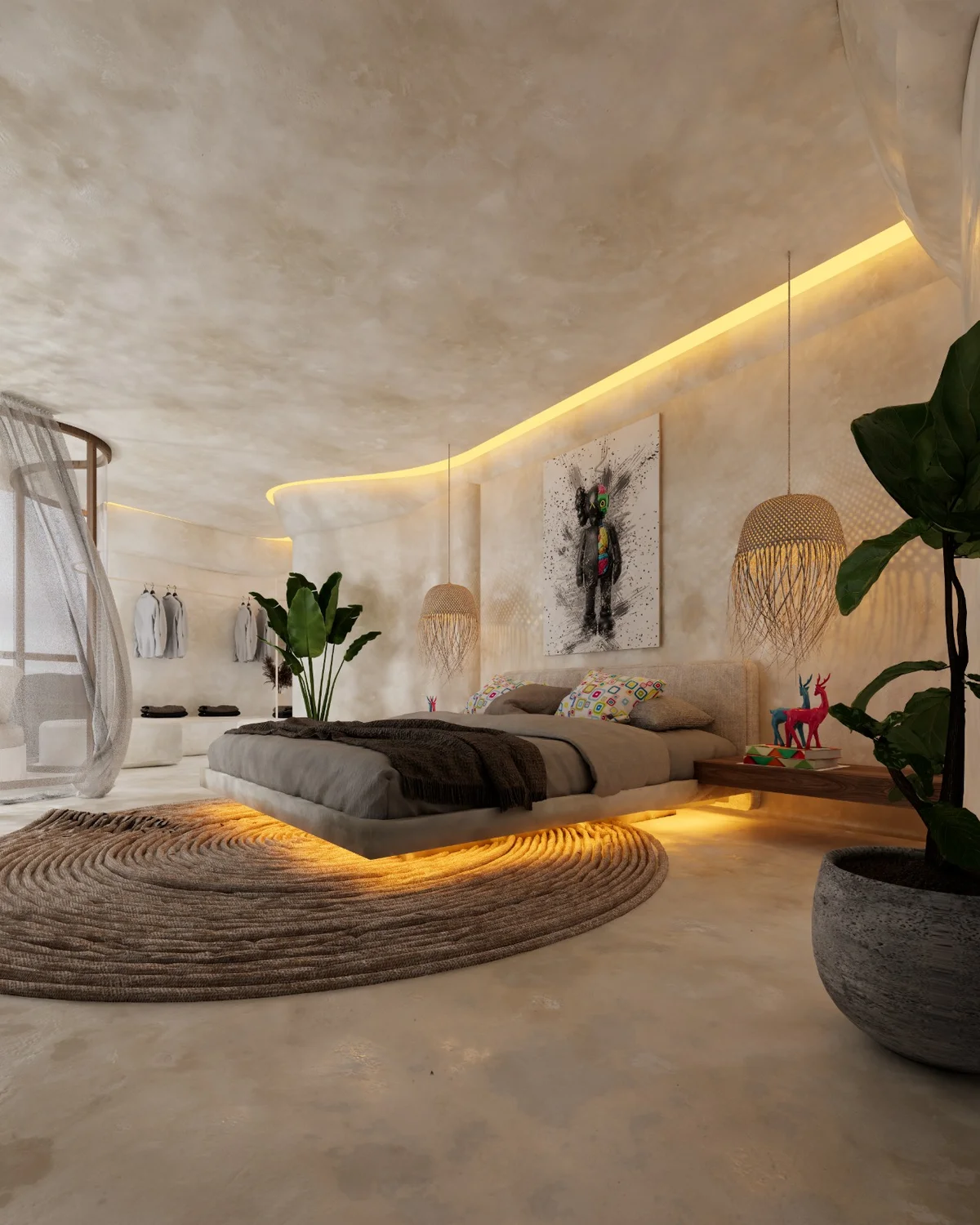 Image of a Primary Bedroom, featuring Floating Bed with LED Lighting and Bohemian Decor.