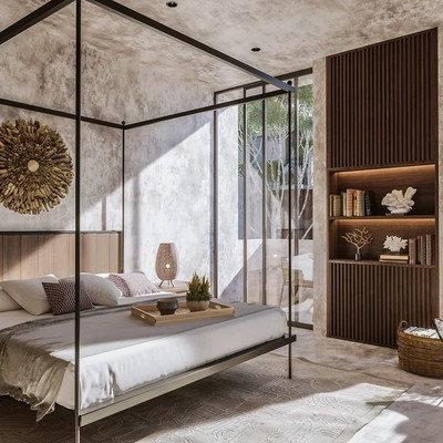 Image of a Primary Bedroom, featuring Canopy Bed and Textured Concrete Walls.