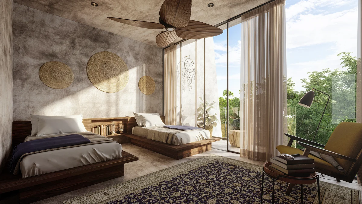 Image of a Double Bedroom, featuring Wabi-Sabi Style and Textured Concrete Walls.