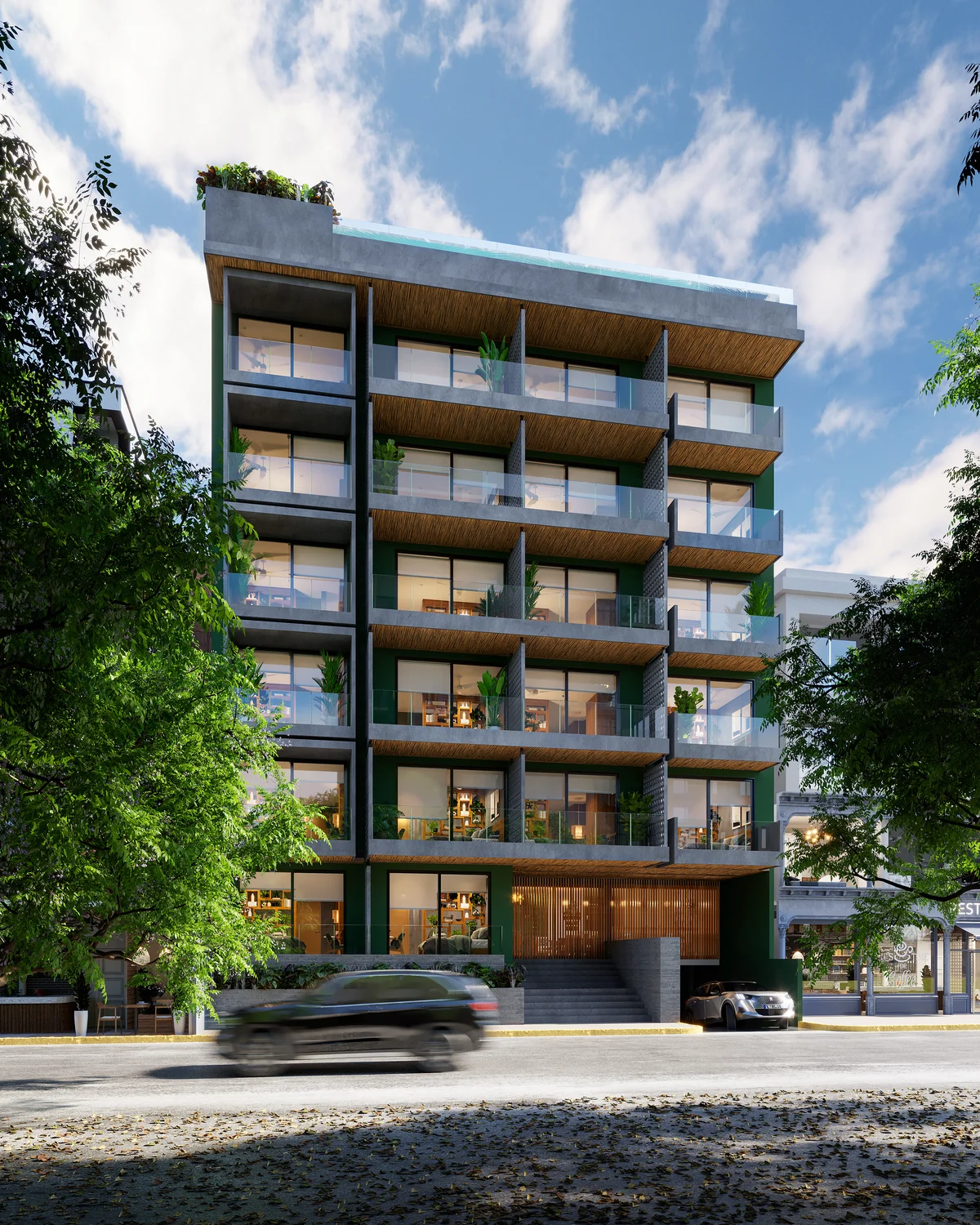 Image of a Modern Apartment Building, featuring Rooftop Pool and Private Balconies.
