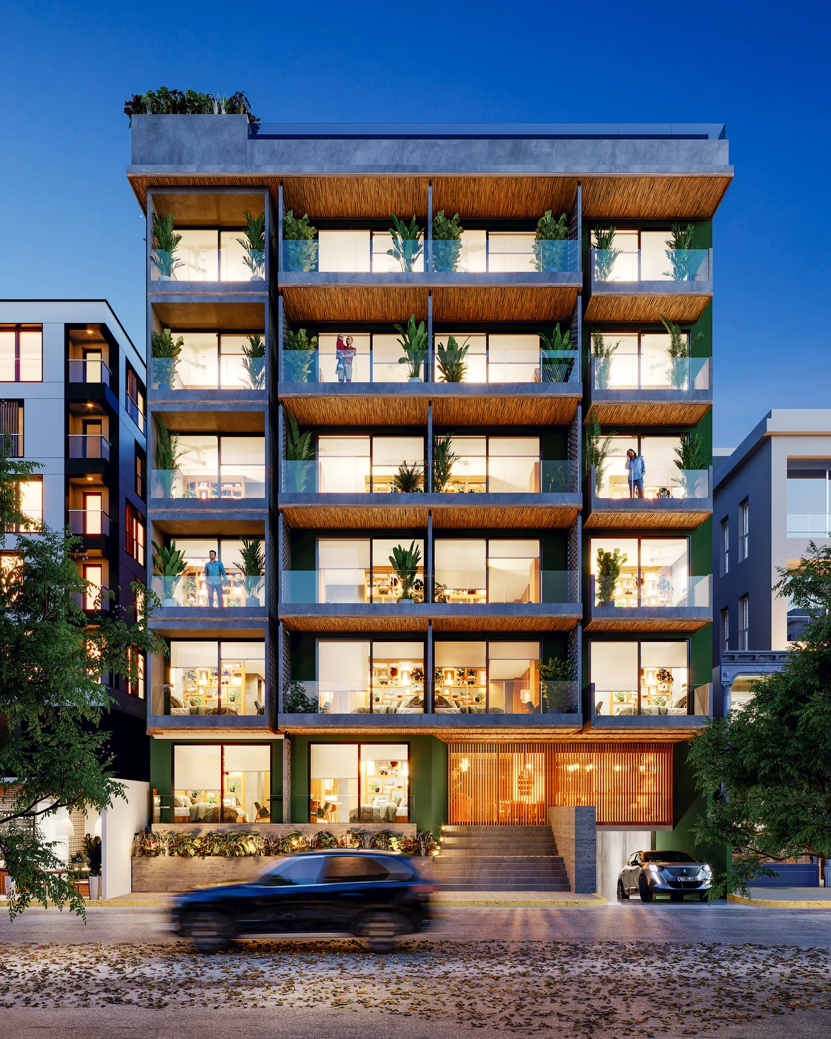 Image of a Contemporary Architecture, featuring Private Balconies and Rooftop Garden.