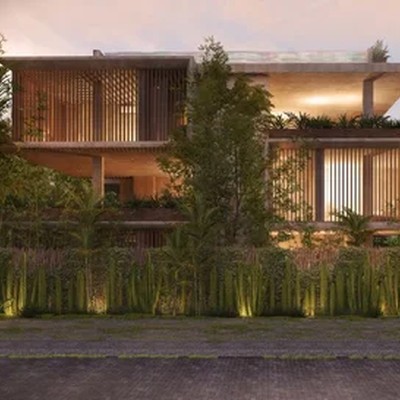 Image of a Rooftop Pool, featuring Modern Architecture and Wooden Louvered Facade.