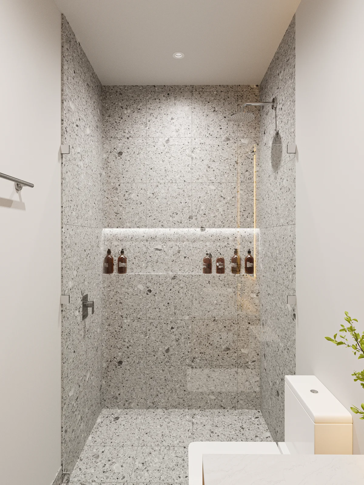 Image of a Modern Bathroom, featuring Walk-In Shower and Terrazzo Tiled Shower.