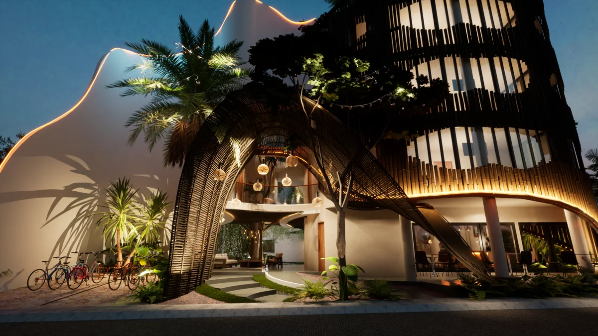 Image of a Organic Architecture, featuring Bamboo Facade and Modern Tropical Design.