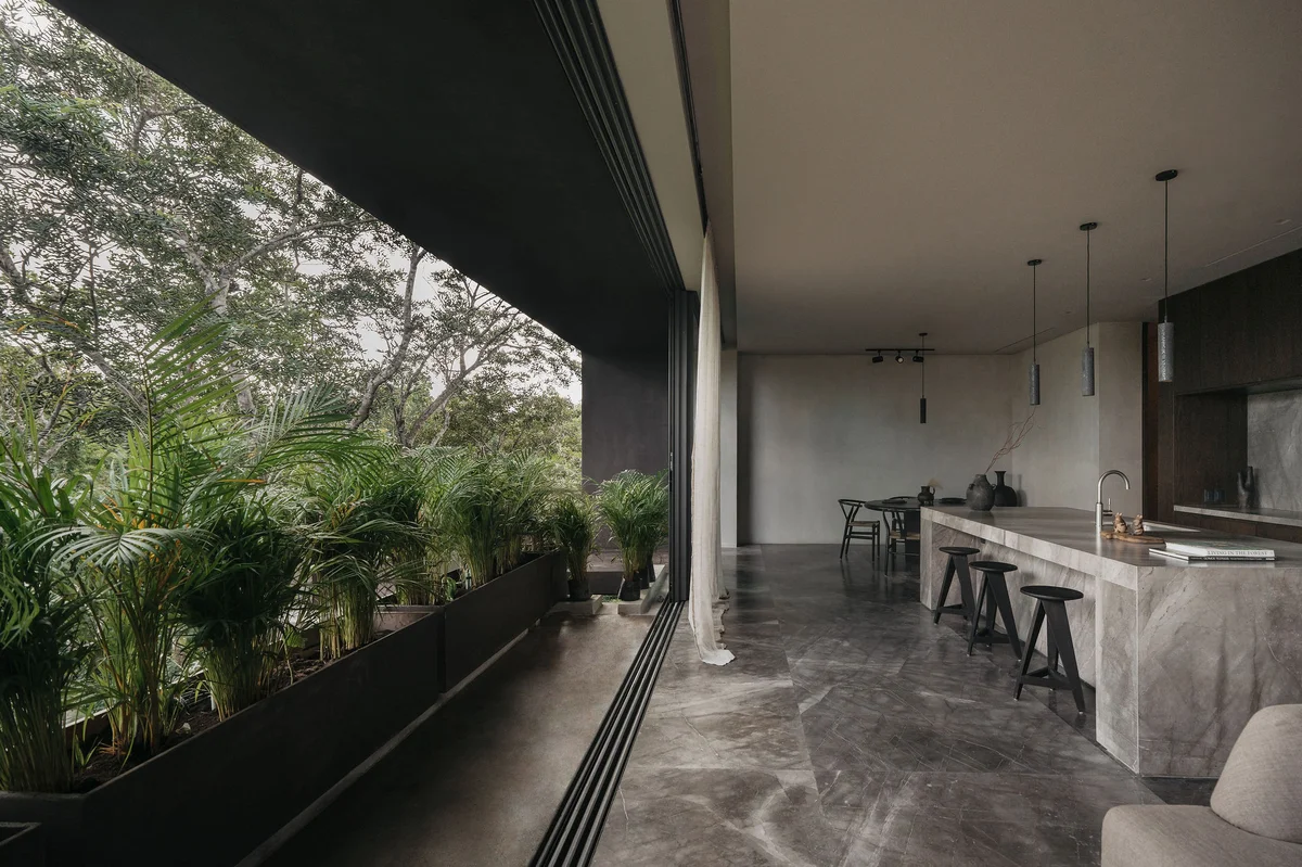 View of Modern Kitchen at La Reserva, showcasing Open Concept Living, Marble Flooring.