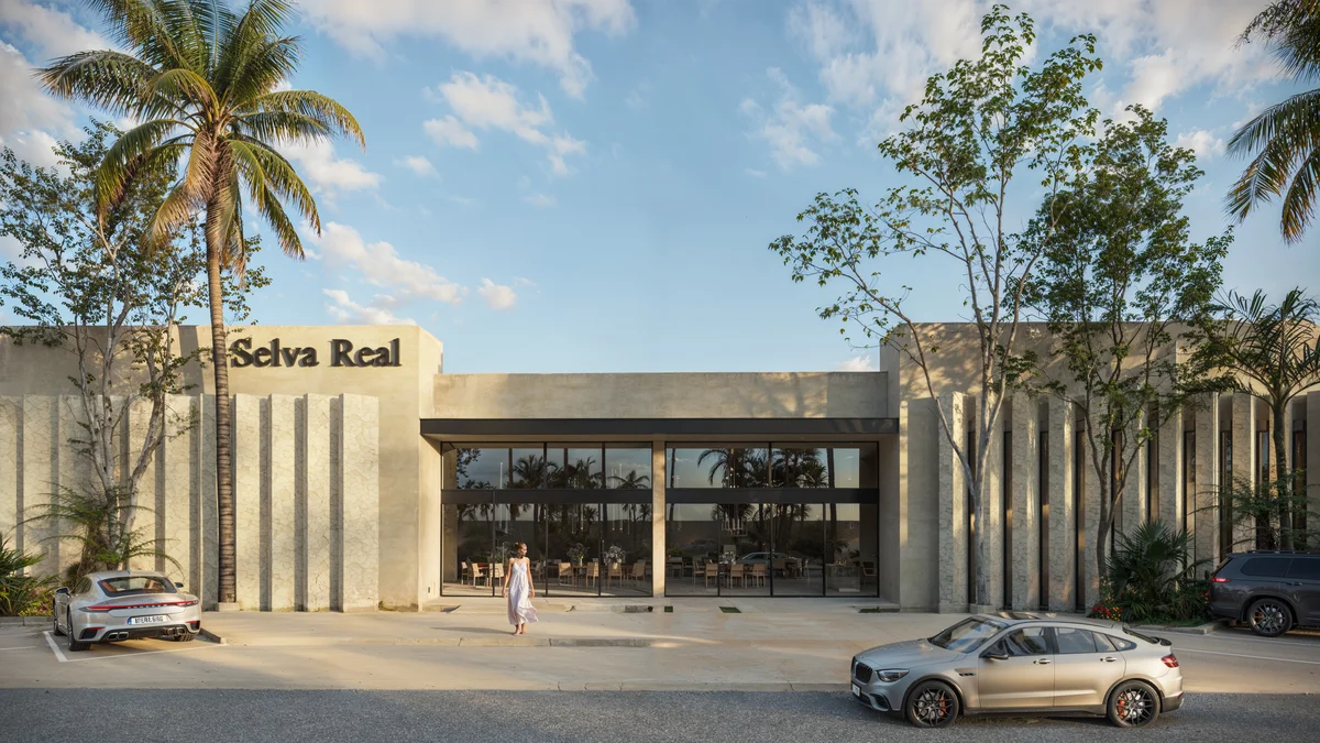 Image of a Modern Architecture, featuring Clubhouse Entrance and Tropical Landscaping.