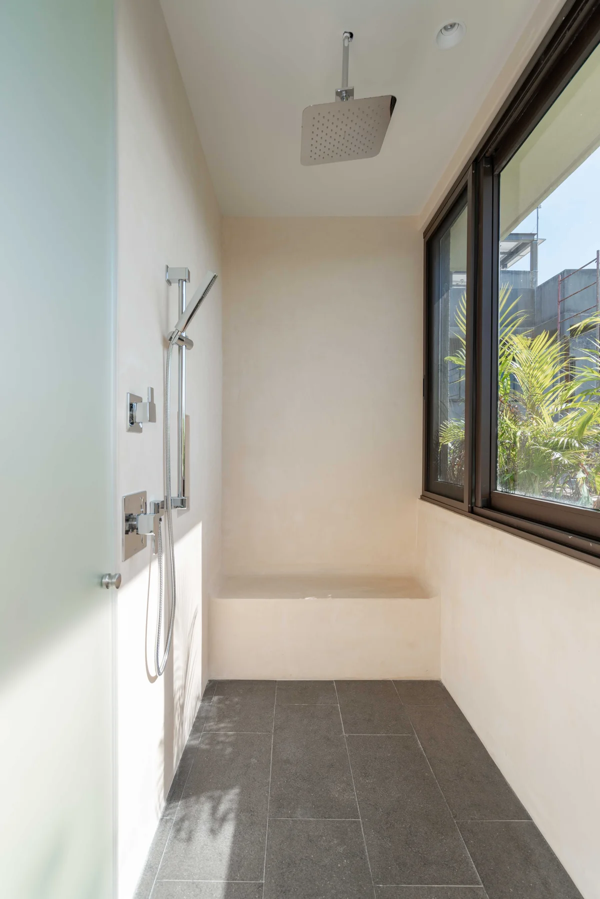 Image of a Walk-in Shower, featuring Rainfall Shower Head and Modern Bathroom.