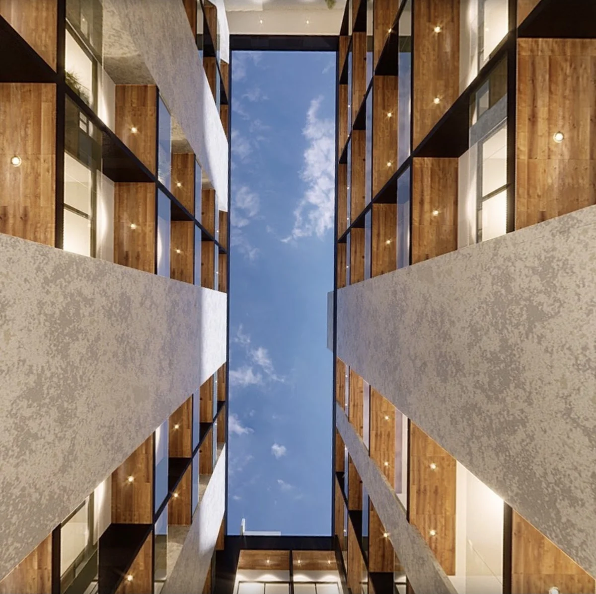 Image of a Modern Architecture, featuring Central Courtyard and Wood and Concrete Facade.