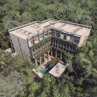 Image of a Modern Jungle Architecture, featuring Rooftop Terrace and Lush Landscaping.