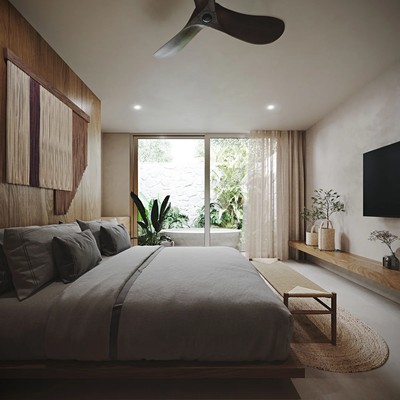 Image of a Master Bedroom, featuring Private Garden and Japandi Style Decor.