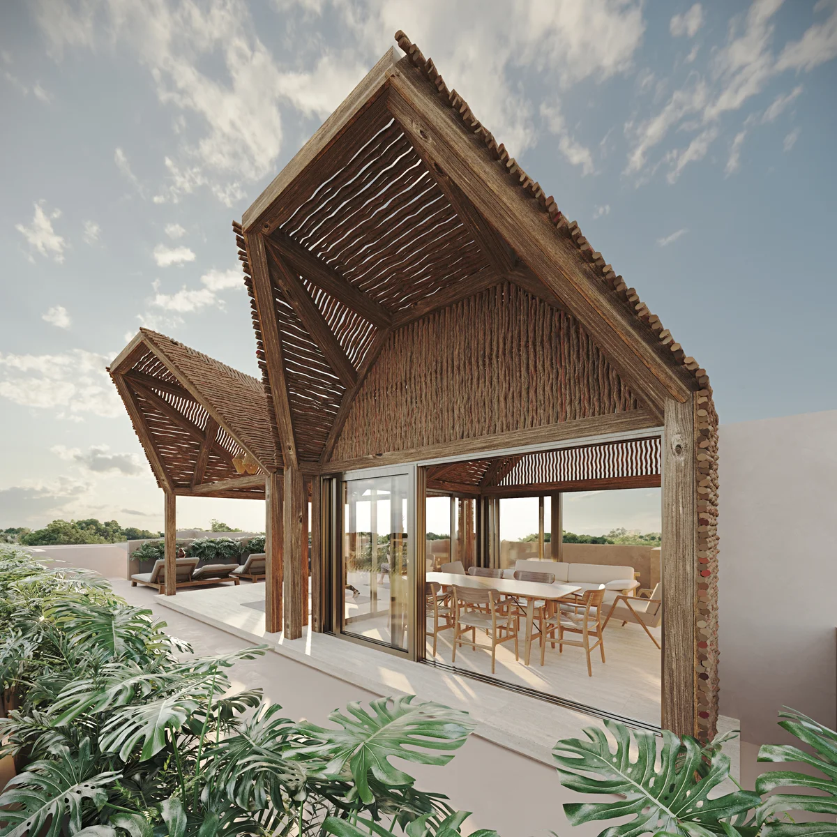 Image of a Rooftop Terrace, featuring Wooden Pergola Roof and Indoor-Outdoor Living.