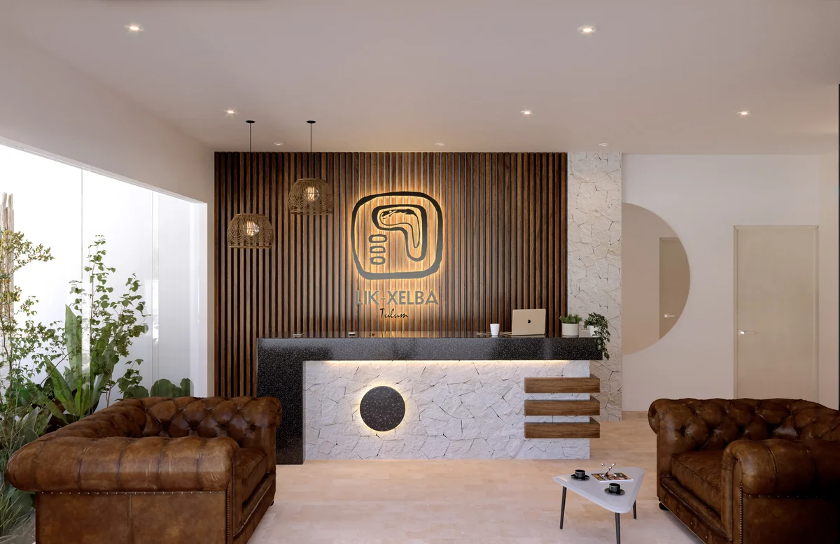 Image of a Reception Lobby, featuring Wood Slat Accent Wall and Stone Accent Wall.
