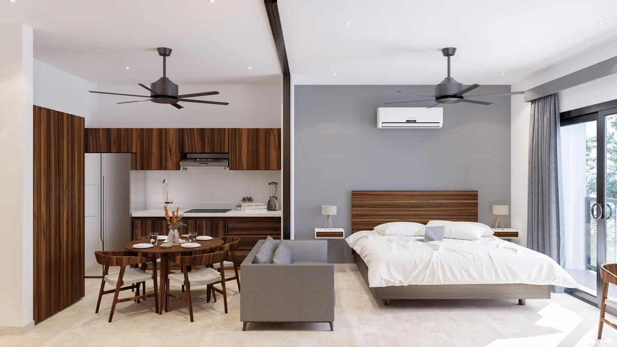 View of Modern Studio at Lik Xelba, showcasing Compact Living, Integrated Kitchen.