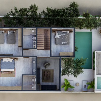 Image of a Architectural Floor Plan, featuring Private Swimming Pool and Three Bedroom Villa.