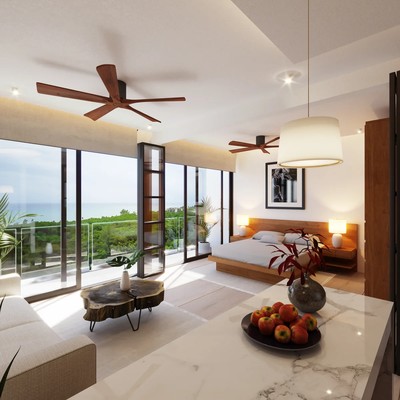 Image of a Studio Apartment, featuring Ocean View Balcony and Floor-to-Ceiling Windows.