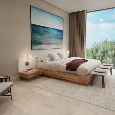Image of a Modern Bedroom, featuring Floor-to-Ceiling Window and Natural Light.