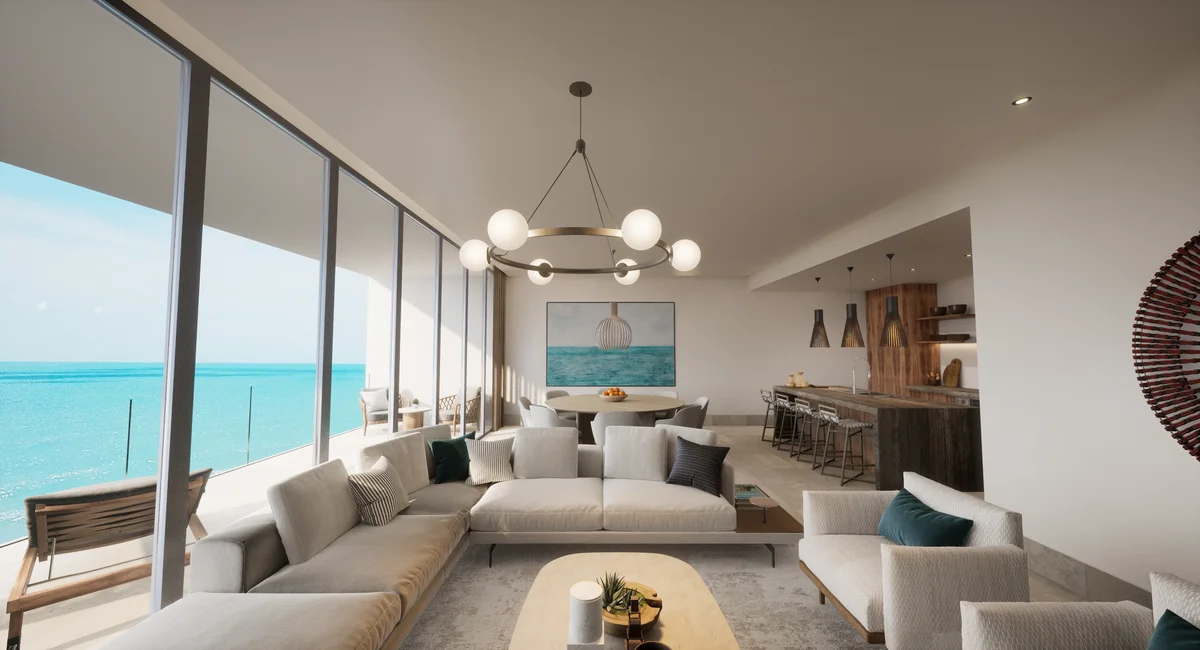 Image of a Open-Concept Living, featuring Ocean View Balcony and Floor-to-Ceiling Windows.