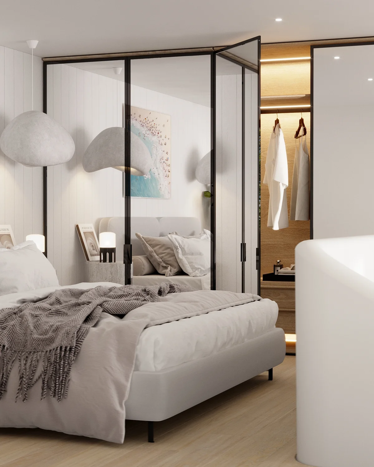 View of Modern Bedroom at Luna, showcasing Stylish Interior, Integrated Closet.