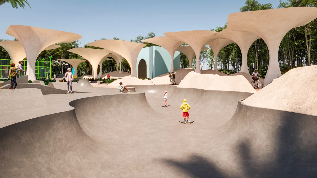 Image of a Skate Park, featuring Outdoor Recreation Area and Unique Architectural Design.