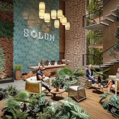 Image of a Lobby Lounge, featuring Biophilic Design and Living Green Wall.