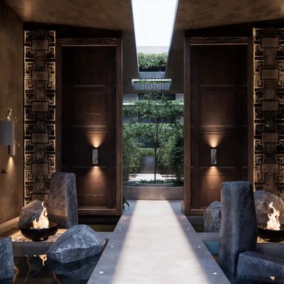 Image of a Luxury Lobby, featuring Zen-Inspired Design and Indoor Water Feature.