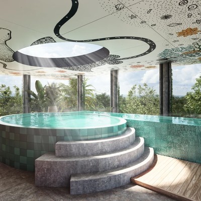 Image of a Indoor Infinity Pool, featuring Circular Jacuzzi and Artistic Ceiling Mural.