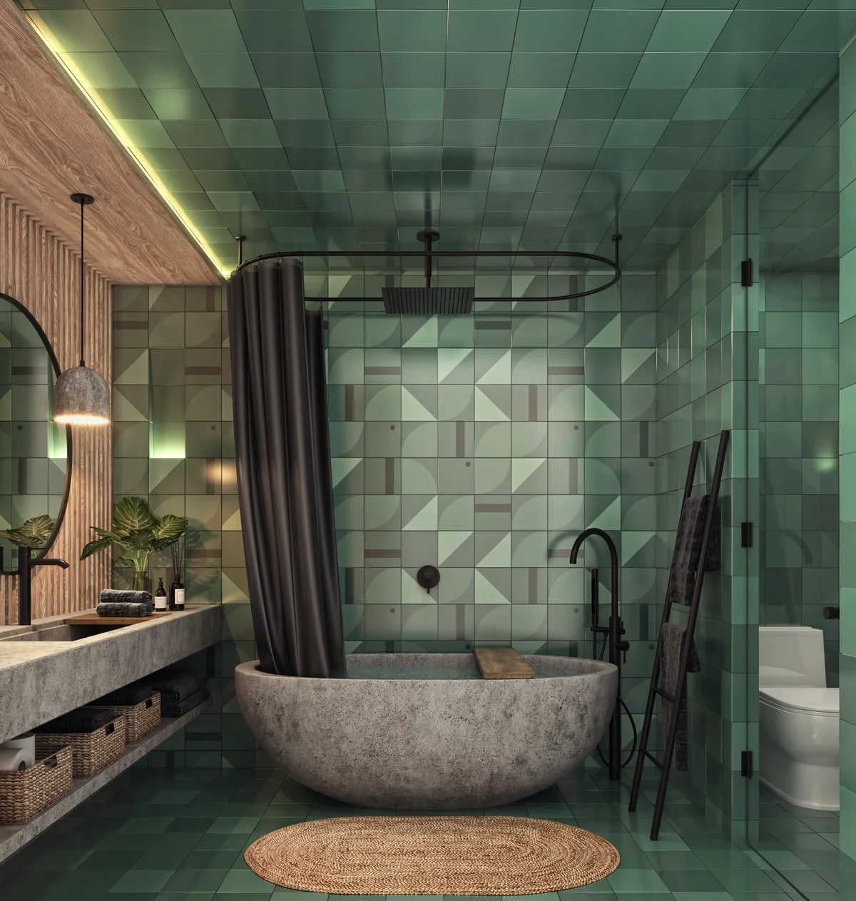 View of Designer Bathroom at The Tribe, showcasing Freestanding Bathtub, Rainfall Shower.