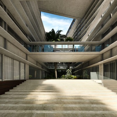 Image of a Modern Concrete Architecture, featuring Open-air Courtyard and Tropical Landscaping.