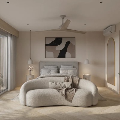 Image of a Spacious Bedroom, featuring Private Balcony and Herringbone Floors.